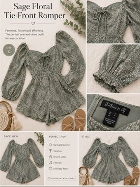 Sage Floral Tie-Front Romper with Bell Sleeves